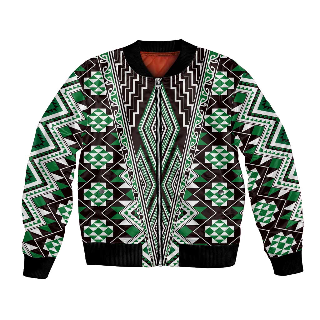 Green Aotearoa Tukutuku and Poutama Motif Bomber Jacket LT03 Unisex Green - Polynesian Pride