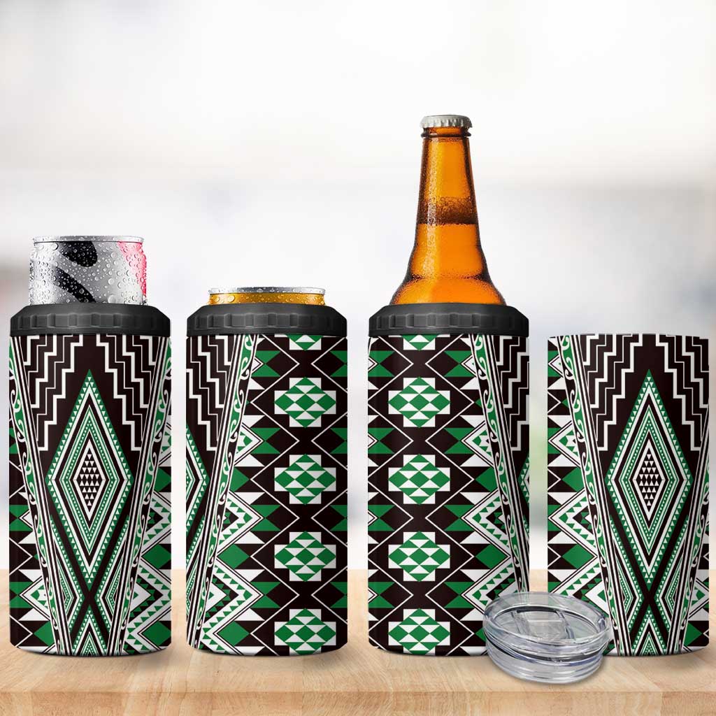 Green Aotearoa Tukutuku and Poutama Motif 4 in 1 Can Cooler Tumbler LT03 - Polynesian Pride