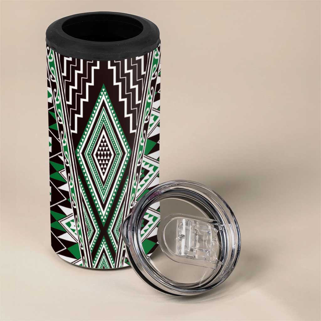 Green Aotearoa Tukutuku and Poutama Motif 4 in 1 Can Cooler Tumbler LT03 - Polynesian Pride