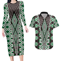 Green Aotearoa Tukutuku and Poutama Motif Couples Matching Long Sleeve Bodycon Dress and Hawaiian Shirt LT03 Green - Polynesian Pride