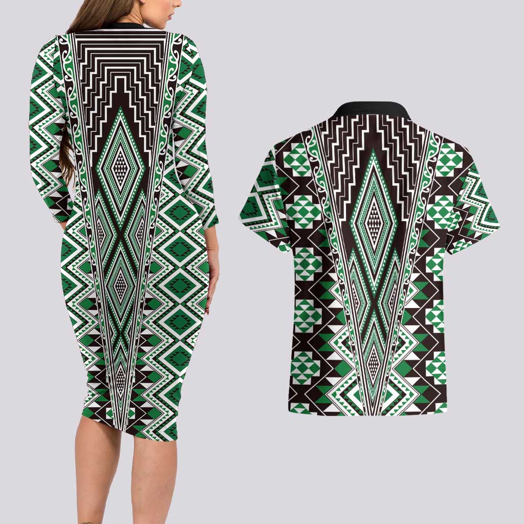 Green Aotearoa Tukutuku and Poutama Motif Couples Matching Long Sleeve Bodycon Dress and Hawaiian Shirt LT03 - Polynesian Pride