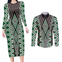 Green Aotearoa Tukutuku and Poutama Motif Couples Matching Long Sleeve Bodycon Dress and Long Sleeve Button Shirt LT03 Green - Polynesian Pride