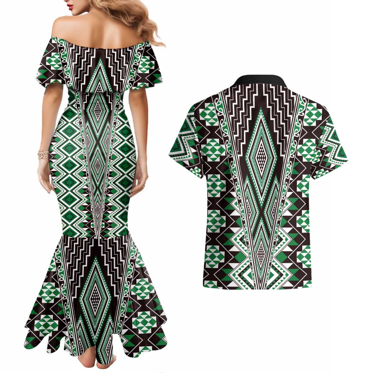 Green Aotearoa Tukutuku and Poutama Motif Couples Matching Mermaid Dress and Hawaiian Shirt LT03 - Polynesian Pride