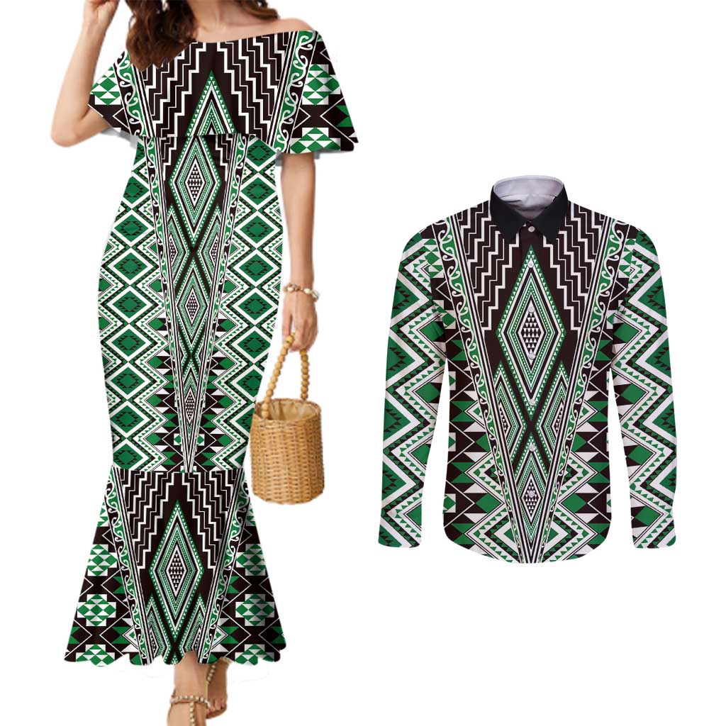 Green Aotearoa Tukutuku and Poutama Motif Couples Matching Mermaid Dress and Long Sleeve Button Shirt LT03 Green - Polynesian Pride