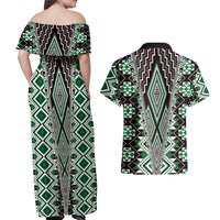 Green Aotearoa Tukutuku and Poutama Motif Couples Matching Off Shoulder Maxi Dress and Hawaiian Shirt LT03 - Polynesian Pride