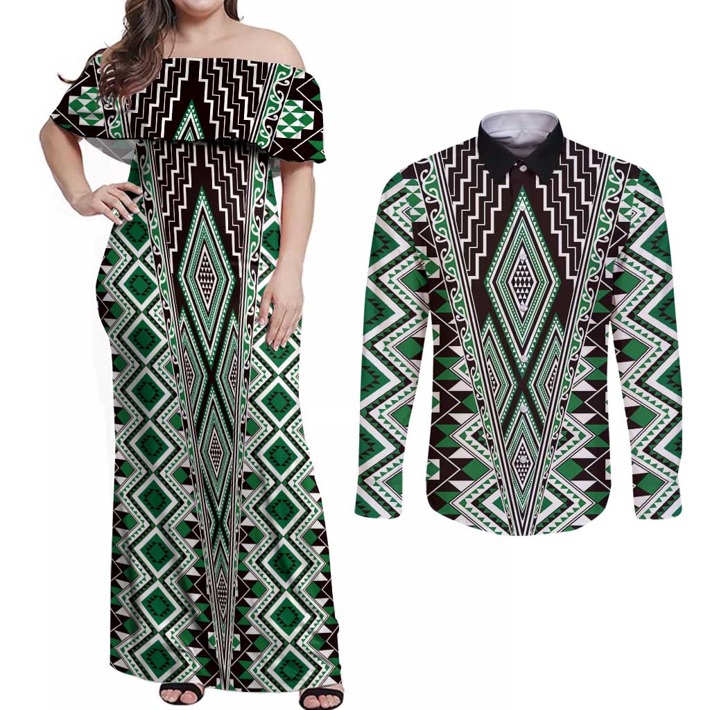 Green Aotearoa Tukutuku and Poutama Motif Couples Matching Off Shoulder Maxi Dress and Long Sleeve Button Shirt LT03 Green - Polynesian Pride