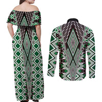 Green Aotearoa Tukutuku and Poutama Motif Couples Matching Off Shoulder Maxi Dress and Long Sleeve Button Shirt LT03 - Polynesian Pride