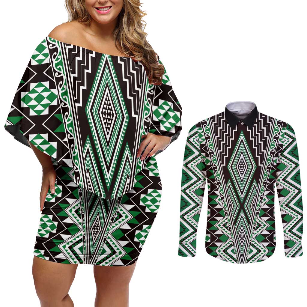 Green Aotearoa Tukutuku and Poutama Motif Couples Matching Off Shoulder Short Dress and Long Sleeve Button Shirt LT03 Green - Polynesian Pride
