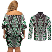 Green Aotearoa Tukutuku and Poutama Motif Couples Matching Off Shoulder Short Dress and Long Sleeve Button Shirt LT03 - Polynesian Pride