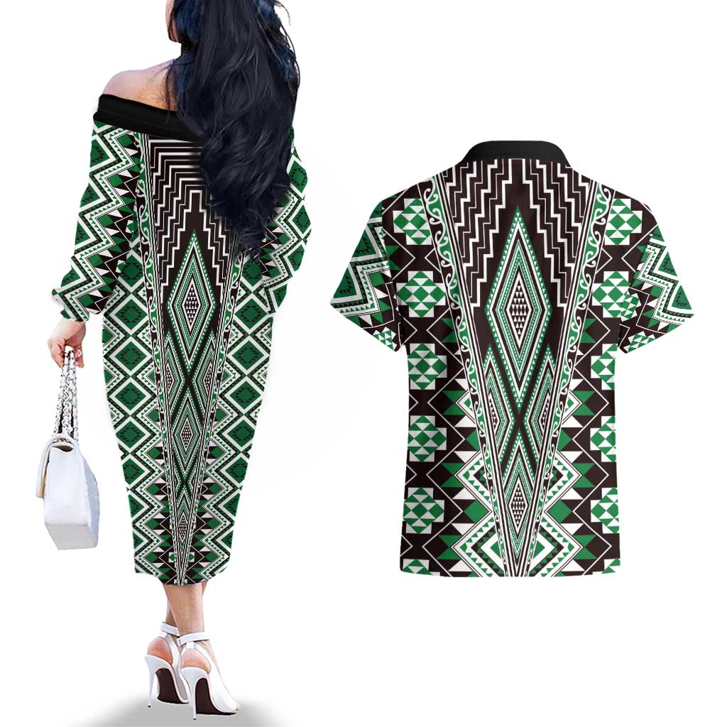 Green Aotearoa Tukutuku and Poutama Motif Couples Matching Off The Shoulder Long Sleeve Dress and Hawaiian Shirt LT03 - Polynesian Pride
