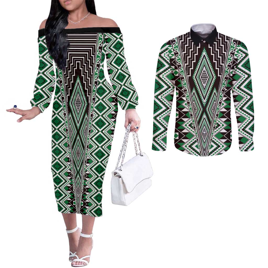 Green Aotearoa Tukutuku and Poutama Motif Couples Matching Off The Shoulder Long Sleeve Dress and Long Sleeve Button Shirt LT03 Green - Polynesian Pride