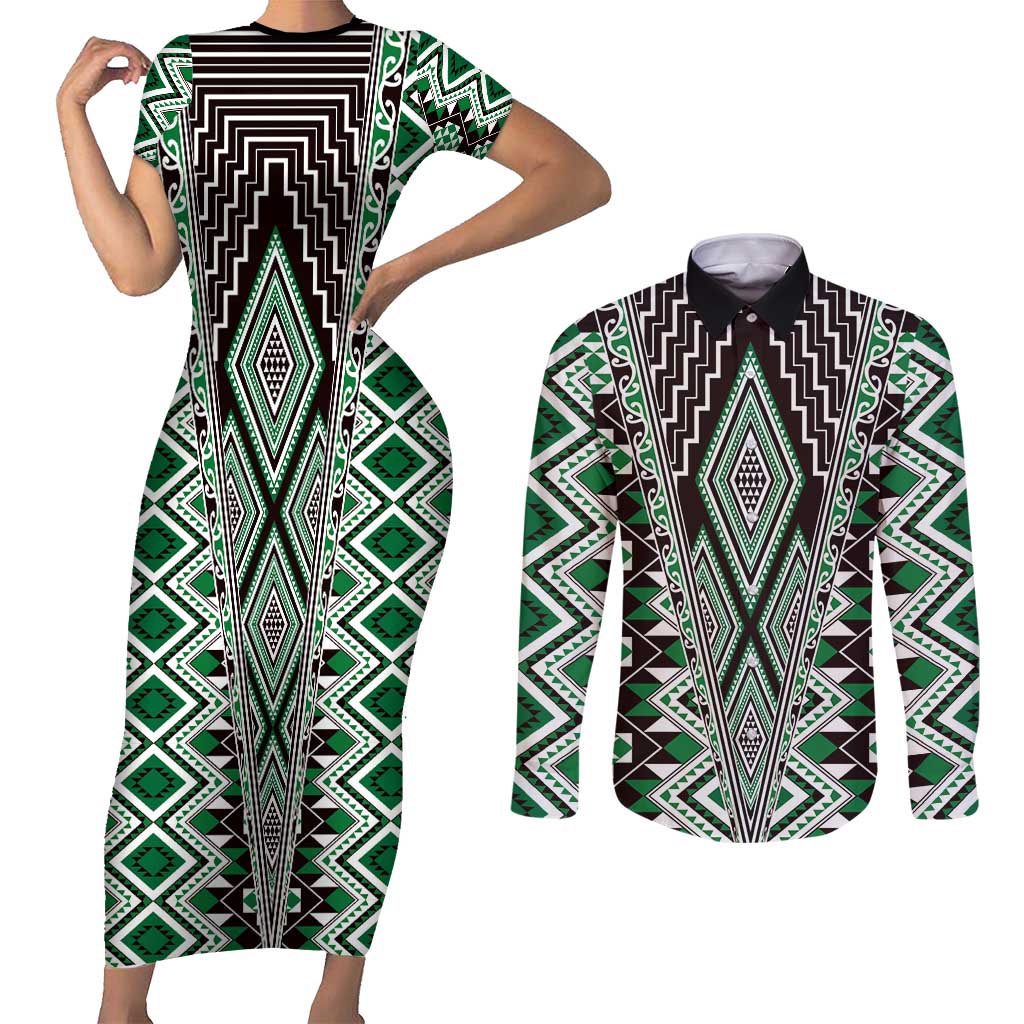 Green Aotearoa Tukutuku and Poutama Motif Couples Matching Short Sleeve Bodycon Dress and Long Sleeve Button Shirt LT03 Green - Polynesian Pride