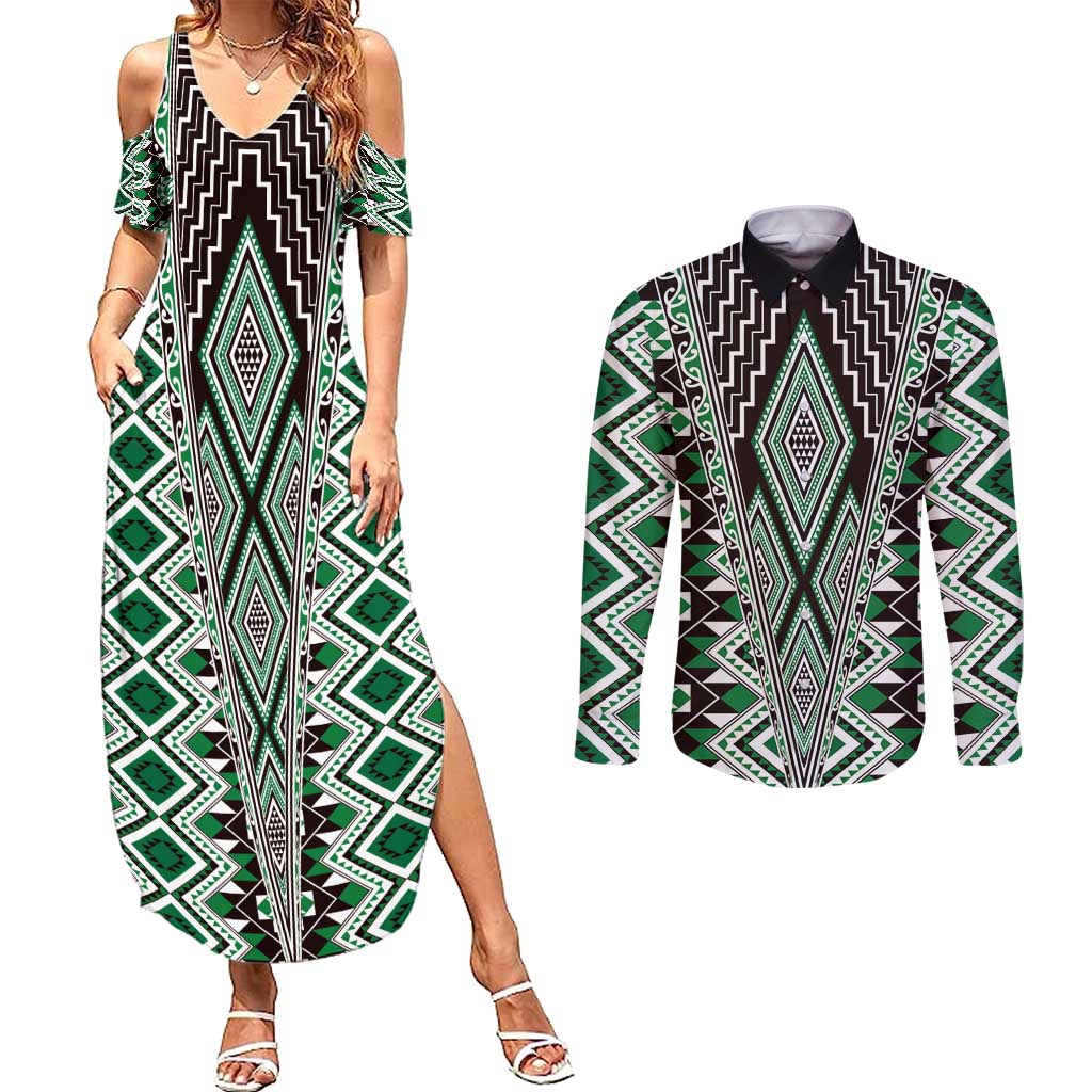 Green Aotearoa Tukutuku and Poutama Motif Couples Matching Summer Maxi Dress and Long Sleeve Button Shirt LT03 Green - Polynesian Pride