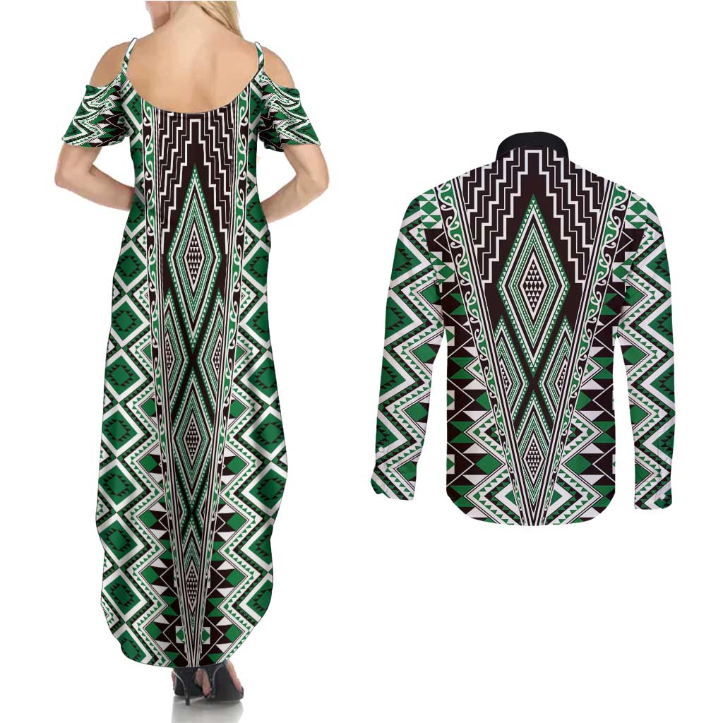 Green Aotearoa Tukutuku and Poutama Motif Couples Matching Summer Maxi Dress and Long Sleeve Button Shirt LT03 - Polynesian Pride