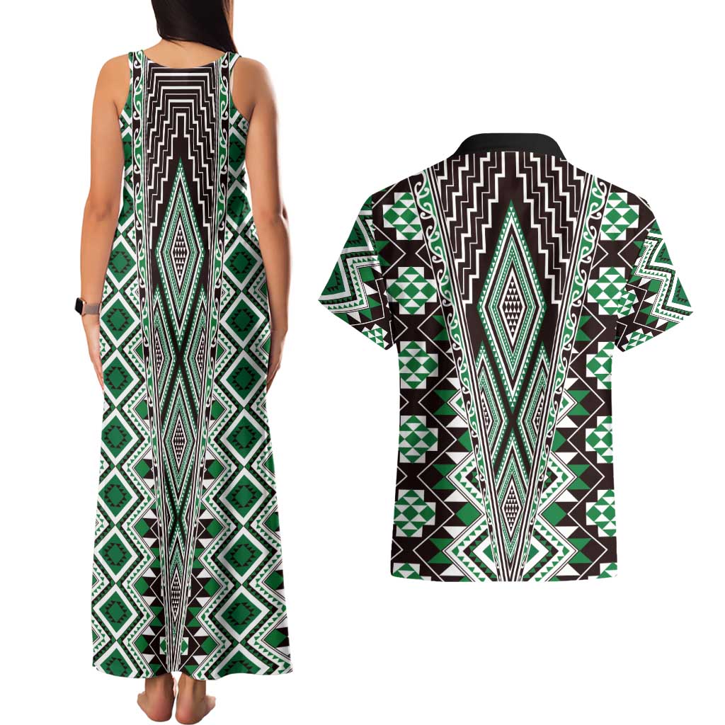 Green Aotearoa Tukutuku and Poutama Motif Couples Matching Tank Maxi Dress and Hawaiian Shirt LT03 - Polynesian Pride