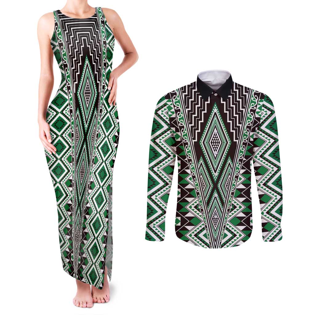 Green Aotearoa Tukutuku and Poutama Motif Couples Matching Tank Maxi Dress and Long Sleeve Button Shirt LT03 Green - Polynesian Pride