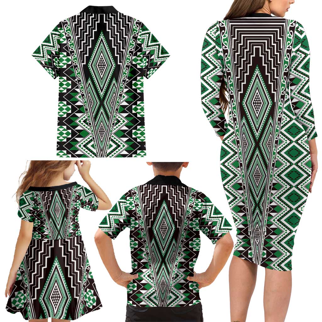 Green Aotearoa Tukutuku and Poutama Motif Family Matching Long Sleeve Bodycon Dress and Hawaiian Shirt LT03 - Polynesian Pride