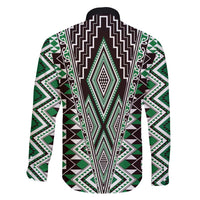 Green Aotearoa Tukutuku and Poutama Motif Family Matching Long Sleeve Bodycon Dress and Hawaiian Shirt LT03 - Polynesian Pride