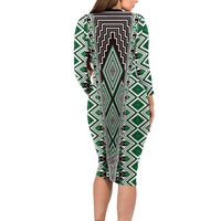 Green Aotearoa Tukutuku and Poutama Motif Family Matching Long Sleeve Bodycon Dress and Hawaiian Shirt LT03 - Polynesian Pride