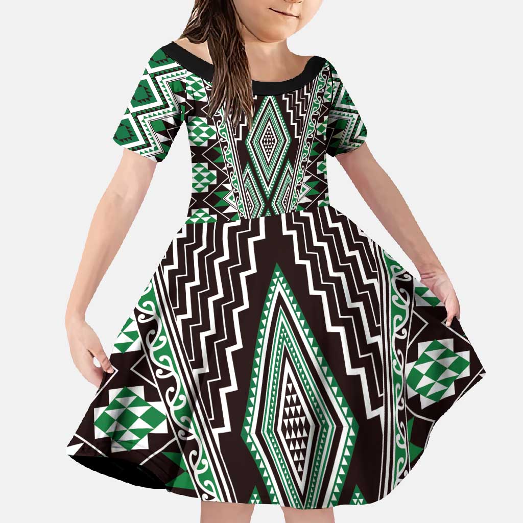 Green Aotearoa Tukutuku and Poutama Motif Family Matching Mermaid Dress and Hawaiian Shirt LT03 Daughter's Dress Green - Polynesian Pride