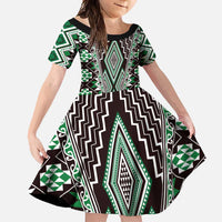 Green Aotearoa Tukutuku and Poutama Motif Family Matching Mermaid Dress and Hawaiian Shirt LT03 Daughter's Dress Green - Polynesian Pride