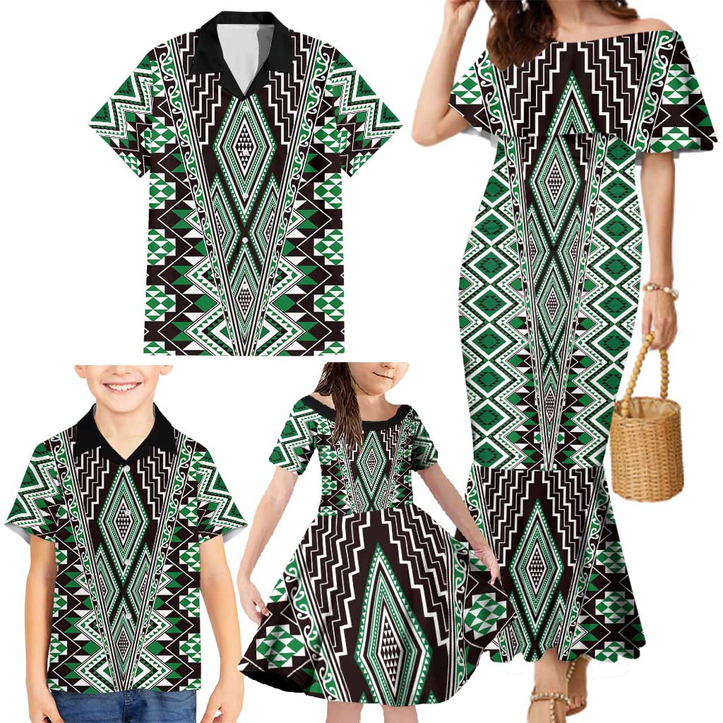 Green Aotearoa Tukutuku and Poutama Motif Family Matching Mermaid Dress and Hawaiian Shirt LT03 - Polynesian Pride