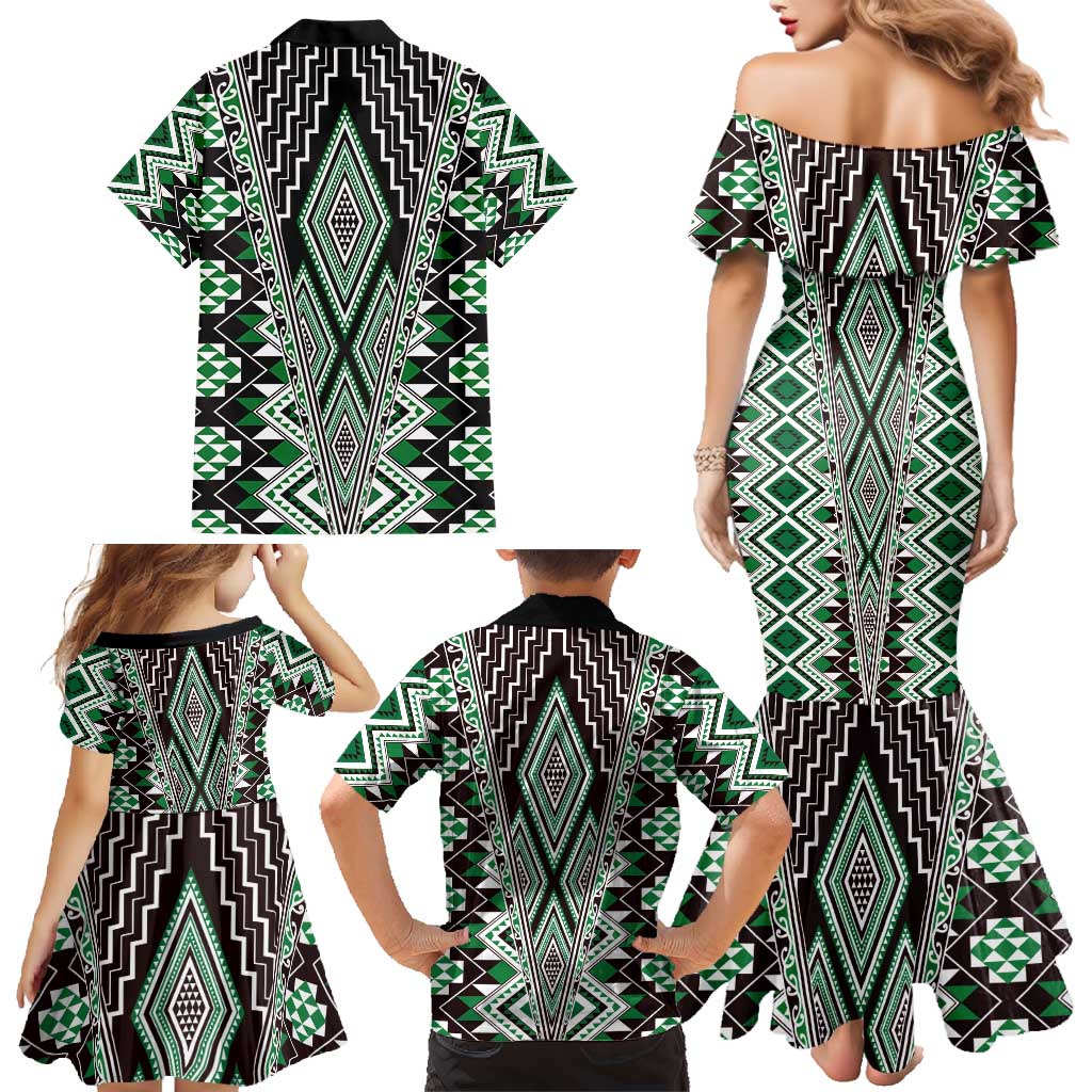 Green Aotearoa Tukutuku and Poutama Motif Family Matching Mermaid Dress and Hawaiian Shirt LT03 - Polynesian Pride