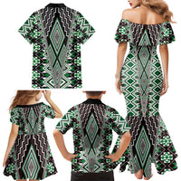 Green Aotearoa Tukutuku and Poutama Motif Family Matching Mermaid Dress and Hawaiian Shirt LT03 - Polynesian Pride