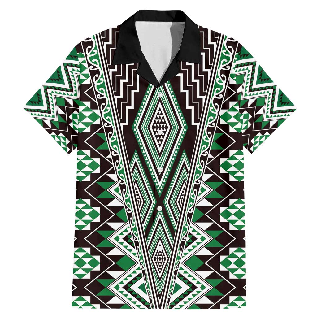 Green Aotearoa Tukutuku and Poutama Motif Family Matching Mermaid Dress and Hawaiian Shirt LT03 Dad's Shirt - Short Sleeve Green - Polynesian Pride