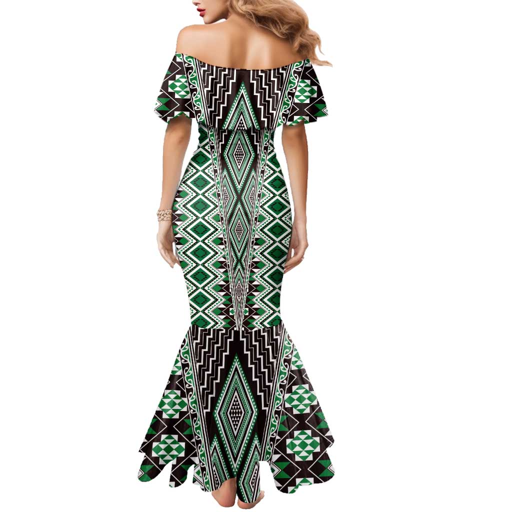 Green Aotearoa Tukutuku and Poutama Motif Family Matching Mermaid Dress and Hawaiian Shirt LT03 - Polynesian Pride