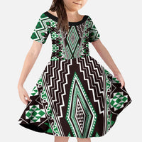 Green Aotearoa Tukutuku and Poutama Motif Family Matching Off The Shoulder Long Sleeve Dress and Hawaiian Shirt LT03 Daughter's Dress Green - Polynesian Pride