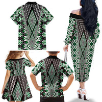 Green Aotearoa Tukutuku and Poutama Motif Family Matching Off The Shoulder Long Sleeve Dress and Hawaiian Shirt LT03 - Polynesian Pride