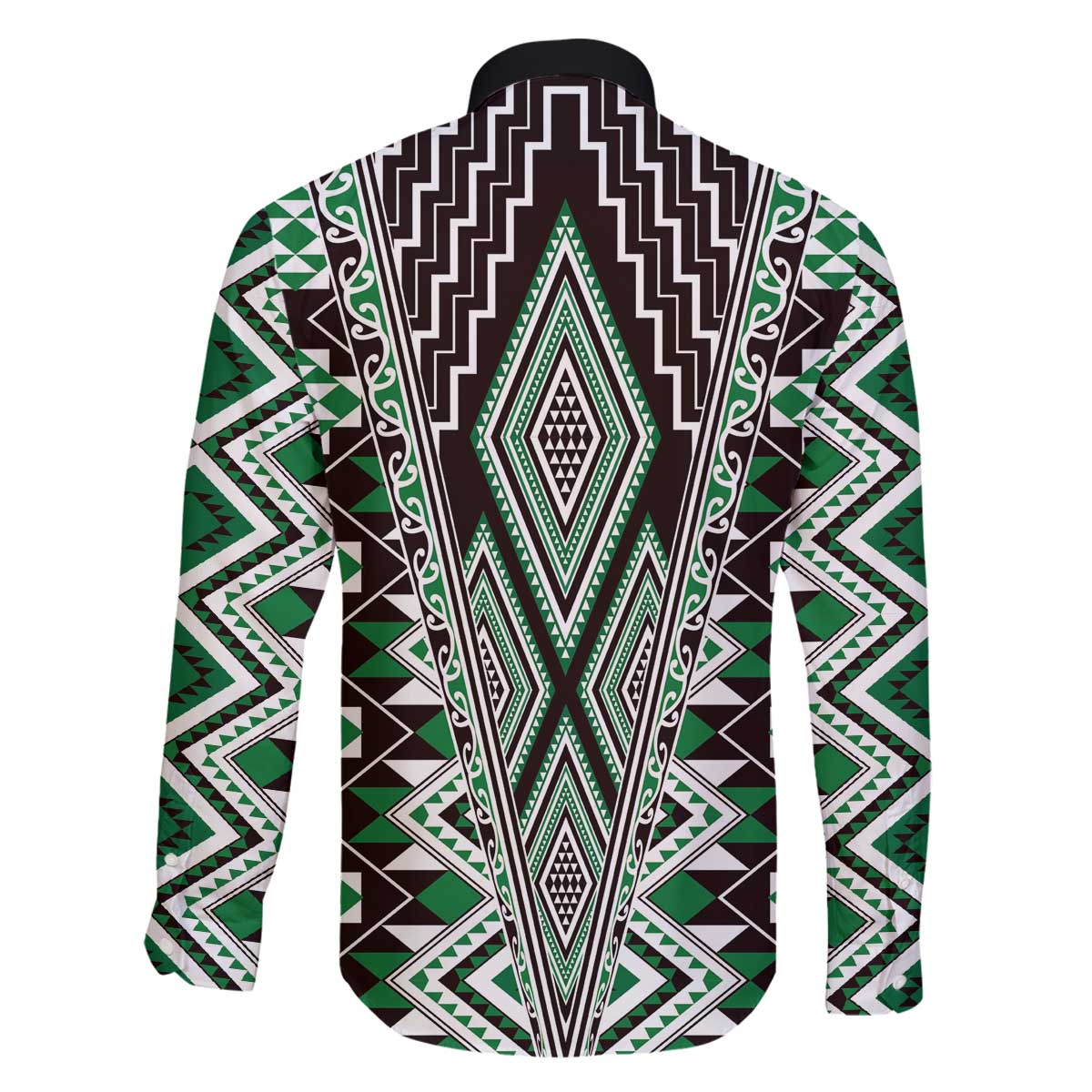 Green Aotearoa Tukutuku and Poutama Motif Family Matching Off The Shoulder Long Sleeve Dress and Hawaiian Shirt LT03 - Polynesian Pride