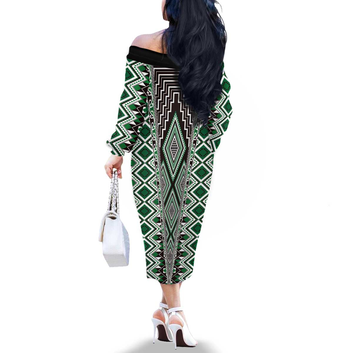 Green Aotearoa Tukutuku and Poutama Motif Family Matching Off The Shoulder Long Sleeve Dress and Hawaiian Shirt LT03 - Polynesian Pride