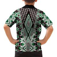 Green Aotearoa Tukutuku and Poutama Motif Family Matching Off Shoulder Maxi Dress and Hawaiian Shirt LT03 - Polynesian Pride