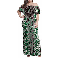 Green Aotearoa Tukutuku and Poutama Motif Family Matching Off Shoulder Maxi Dress and Hawaiian Shirt LT03 Mom's Dress Green - Polynesian Pride