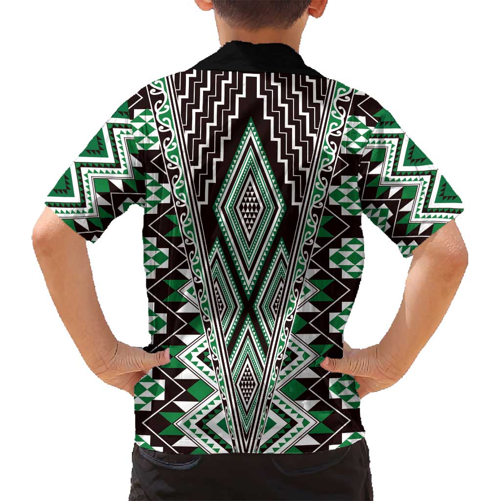 Green Aotearoa Tukutuku and Poutama Motif Family Matching Off Shoulder Short Dress and Hawaiian Shirt LT03 - Polynesian Pride