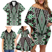 Green Aotearoa Tukutuku and Poutama Motif Family Matching Off Shoulder Short Dress and Hawaiian Shirt LT03 - Polynesian Pride