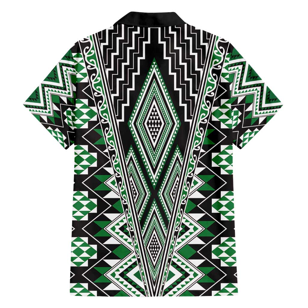 Green Aotearoa Tukutuku and Poutama Motif Family Matching Off Shoulder Short Dress and Hawaiian Shirt LT03 - Polynesian Pride
