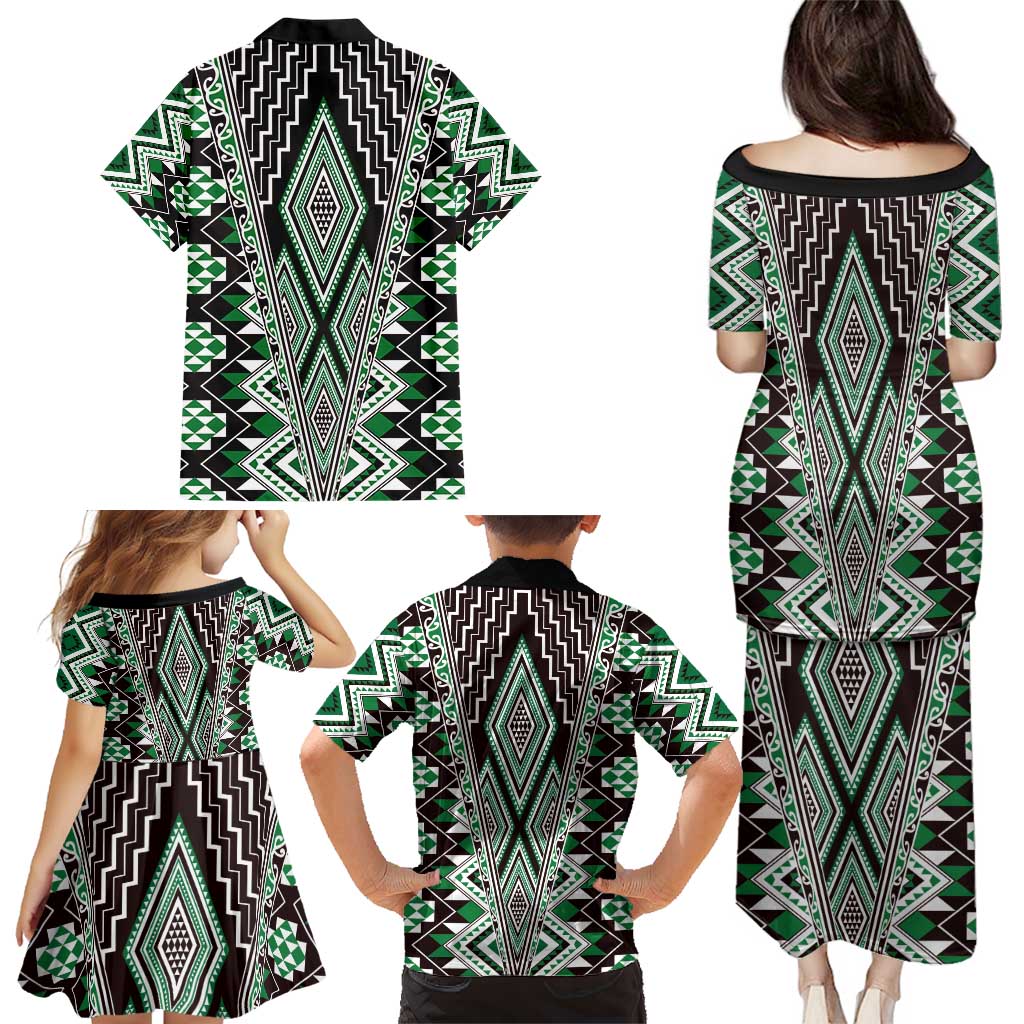 Green Aotearoa Tukutuku and Poutama Motif Family Matching Puletasi and Hawaiian Shirt LT03 - Polynesian Pride