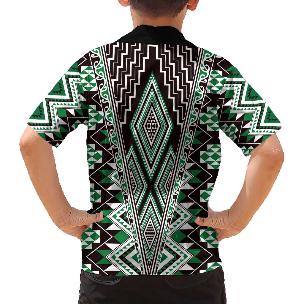 Green Aotearoa Tukutuku and Poutama Motif Family Matching Short Sleeve Bodycon Dress and Hawaiian Shirt LT03 - Polynesian Pride