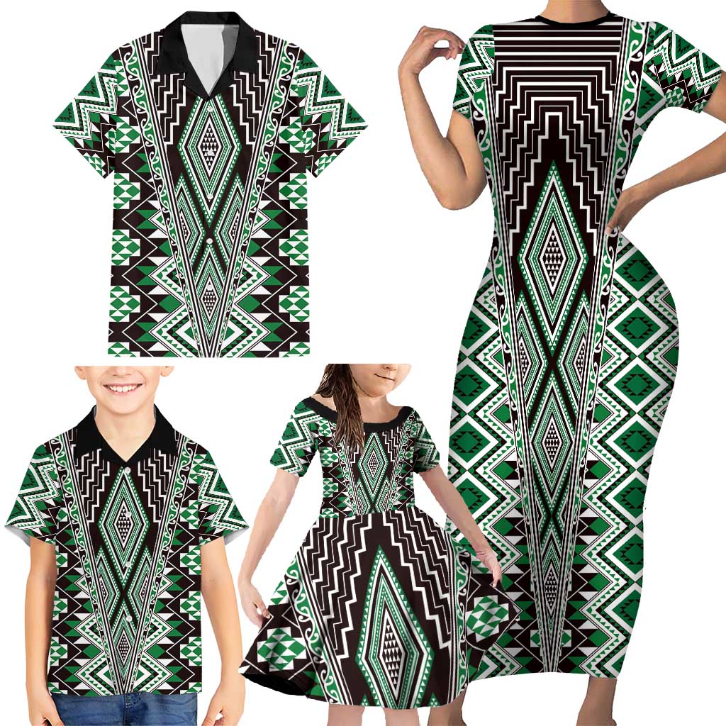 Green Aotearoa Tukutuku and Poutama Motif Family Matching Short Sleeve Bodycon Dress and Hawaiian Shirt LT03 - Polynesian Pride