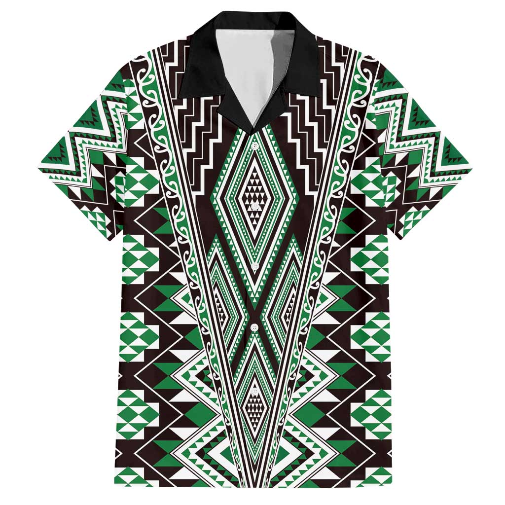 Green Aotearoa Tukutuku and Poutama Motif Family Matching Short Sleeve Bodycon Dress and Hawaiian Shirt LT03 Dad's Shirt - Short Sleeve Green - Polynesian Pride