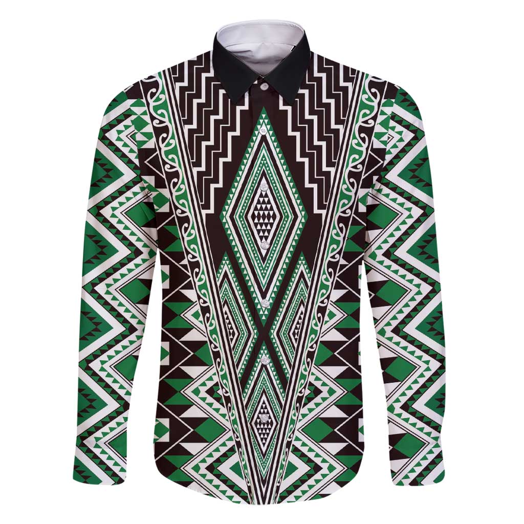 Green Aotearoa Tukutuku and Poutama Motif Family Matching Short Sleeve Bodycon Dress and Hawaiian Shirt LT03 Dad's Shirt - Long Sleeve Green - Polynesian Pride