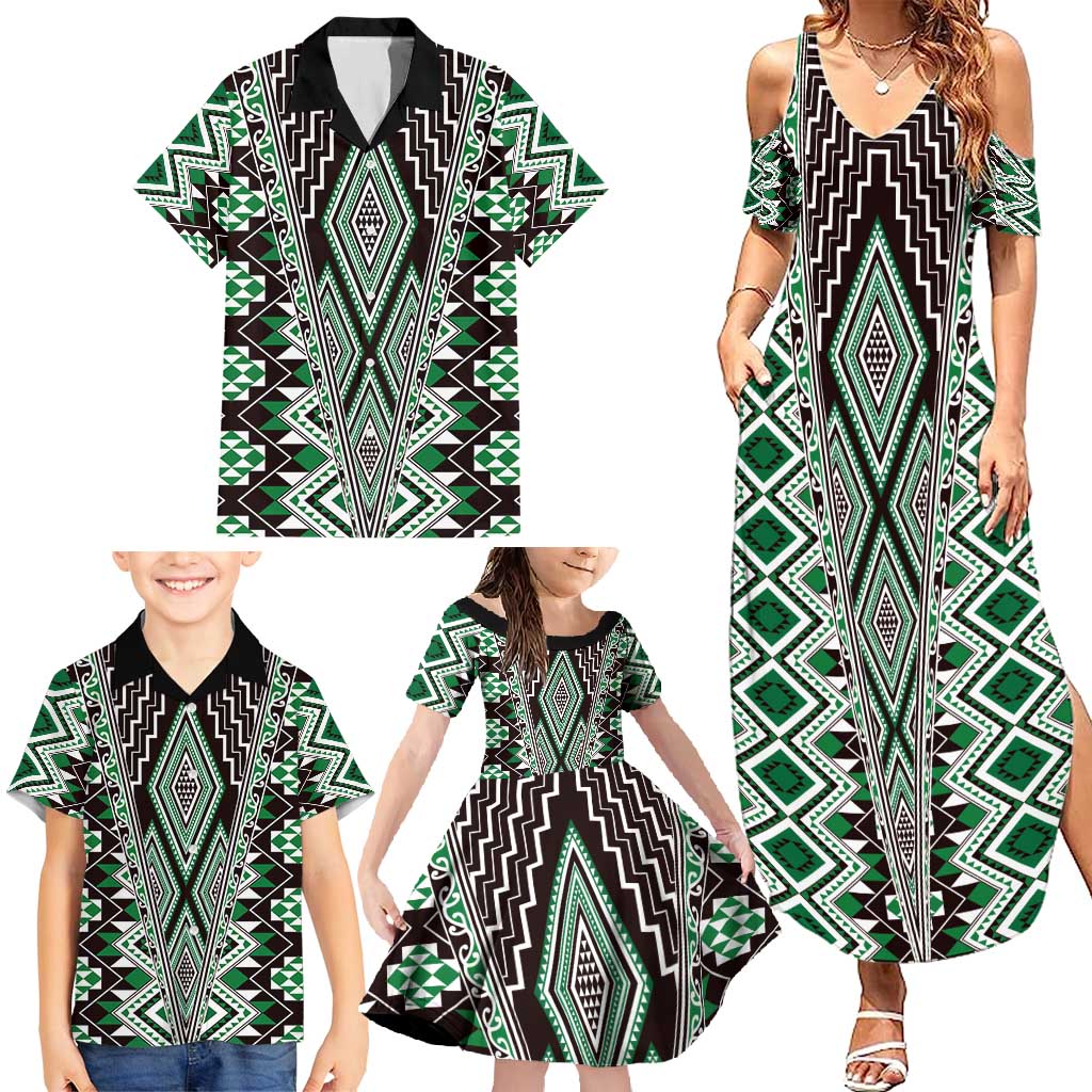 Green Aotearoa Tukutuku and Poutama Motif Family Matching Summer Maxi Dress and Hawaiian Shirt LT03 - Polynesian Pride