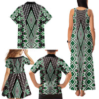 Green Aotearoa Tukutuku and Poutama Motif Family Matching Tank Maxi Dress and Hawaiian Shirt LT03 - Polynesian Pride
