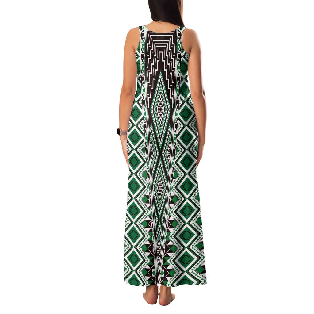 Green Aotearoa Tukutuku and Poutama Motif Family Matching Tank Maxi Dress and Hawaiian Shirt LT03 - Polynesian Pride