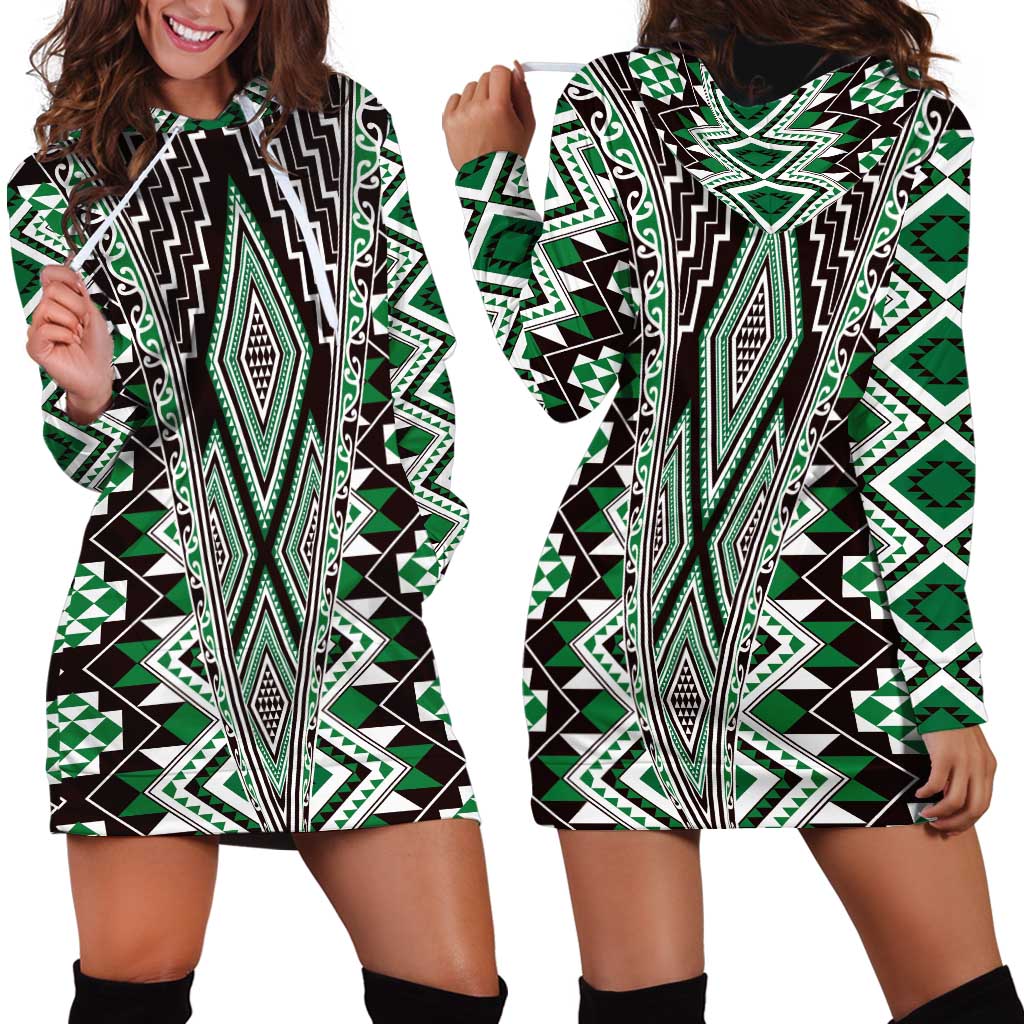 Green Aotearoa Tukutuku and Poutama Motif Hoodie Dress LT03 - Polynesian Pride