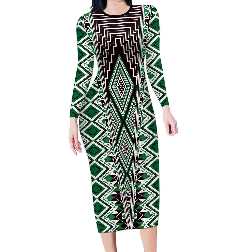 Green Aotearoa Tukutuku and Poutama Motif Long Sleeve Bodycon Dress LT03 Long Dress Green - Polynesian Pride