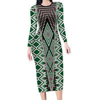 Green Aotearoa Tukutuku and Poutama Motif Long Sleeve Bodycon Dress LT03 Long Dress Green - Polynesian Pride